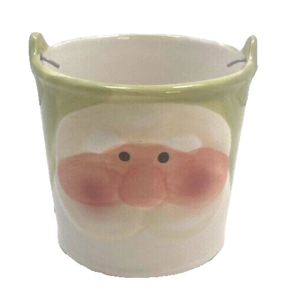 Ceramic Santa Face Bucket/Planter Green Christmas Rosy Cheeks - Decorative 3.75"